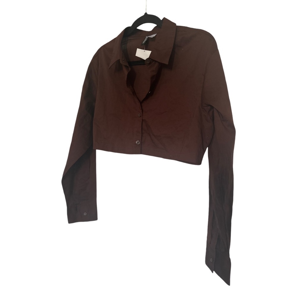 H&M Cropped Button-Front Shirt in Dark Brown
